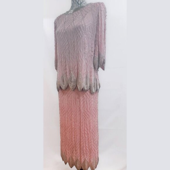 Fantasy by Lisa Kane, Silver-Beaded, Pink Pure Silk Chiffon Dress, Size 14-16 - Picture 4 of 14